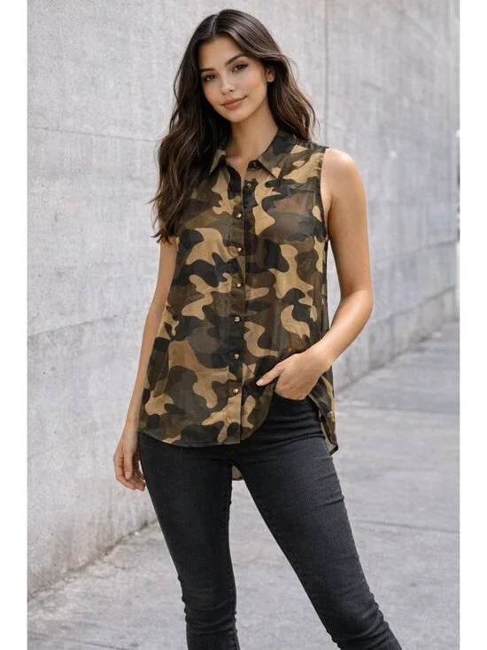 Forever 21 Medium Brown Black Camo Sleeveless Chiffon Blouse Grunge Utility Core - Picture 11 of 12